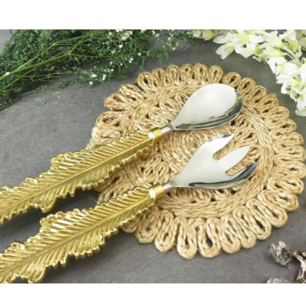 Gute Spoon Fork 2 Pieces Salad Server Gold Feather Leaf Design Set